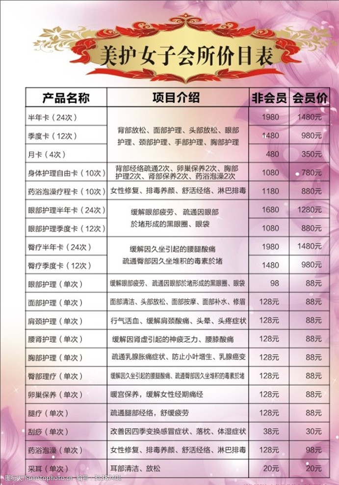 美容養生價目表